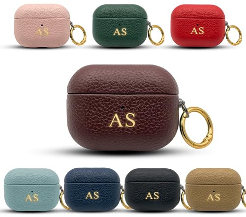 Tirita Personalised Leather Case for Apple Airpods Pro 3 - Customised Vegan Leather Airpod Cover - Gold Embossed Case with your own Name Initials and Golden Hook Keychain [02- Burgundy]