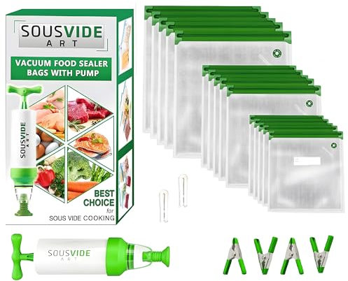 SOUSVIDE ART 37pcs Reusable Vacuum Seal Bags with Vacuum Sealer - 30 Cooking and Storage Bags of 3 Sizes with Pump and Sous Vide Cooker Accessories - Food Safe Kit, Keeps Food Fresh