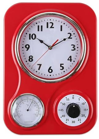 Lily's Home Retro Küchenwanduhr mit Thermometer und 60-Minuten-Timer, ideal für jede Küche, rot (24,1 x 33,8 cm)