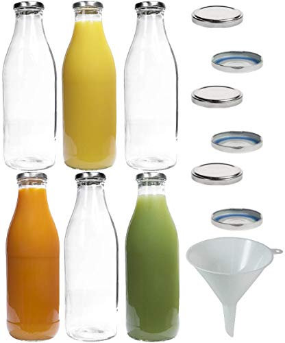 mikken Juego de 6 botellas de leche de cristal de 1 litro, con 12 tapones de rosca sin PVC, incluye embudo