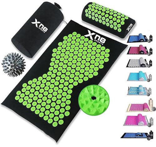 XN8 Yoga Acupressure Mat Pillow Set Acupoint Acupuncture Reflexology Mat for Massage-Pain Relief-Stress Reduction-Therapy-Relaxation with Carrying Bag and Strap(Black/Green)
