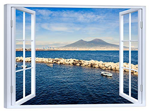 LuxHomeDecor Quadro Finestra su Napoli 100x75 cm Stampa su Tela con Telaio in Legno Arredamento Arte Arredo Moderno