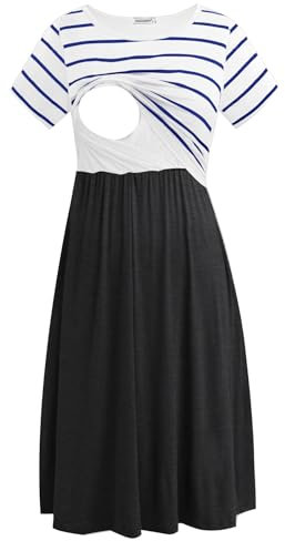 Smallshow Robe d'allaitement à Manches Courtes Robe de Maternité Décontractée pour Femmes pour Allaitement White Stripe/Deep Grey Large