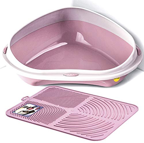 CAT CENTRE Pink Large Corner Cat Litter Tray + Pink Nonslip Mat Set Box Loo Toilet Kitten Pad