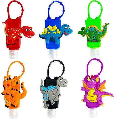 Ulife Mall 6 Pcs Cute Cartoon Kids Refillable Bottles Travel Containers Empty Plastic Bottle with Silicone Case Keychain Carrier, 30 ml Portable Leak Proof Flip Cap Keyring Bottles - Dinosaur