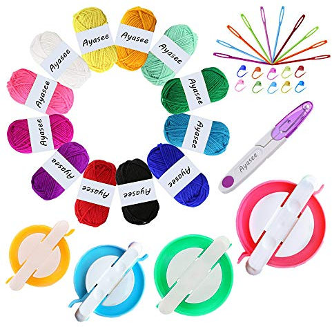 Pompom Maker, 4 Größen Pom Pom Maker für Fluff Ball Weaver Needle Craft DIY Wollstrickwerkzeug Set Dekoration + 12PS Acrylgarn + 10PS Strickstichmarker + 10PS Plastiknadeln + 1PS Schere (37a)