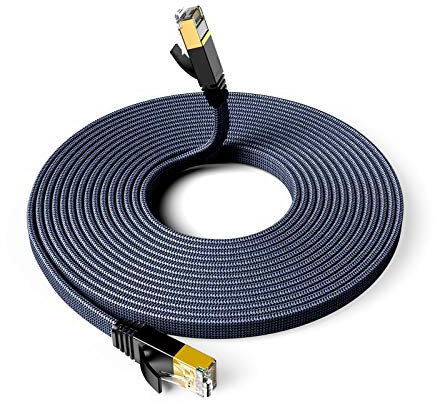 Cat7 Cable de Red Ethernet 8m, Snowkids Alta Velocidad 10Gbit/s 600MHz Cable Plano Trenzado de Nailon Chapado en STP Cable Ethernet RJ45 para Router Modem Switch TV Box PC PS4 Viene con 10 Clips Cable