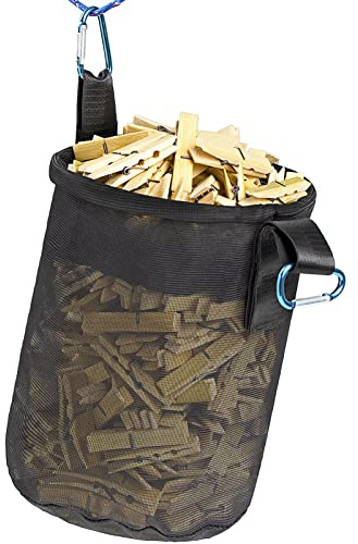 Mesh Clothespin Bag Holder Outside, Multiple Hanging Methods Clothes Pin Bag with Drawstring Closure, Ventilation and Moisture Resistance, Large-Capacity Clothespin Storage Organizer with Hooks