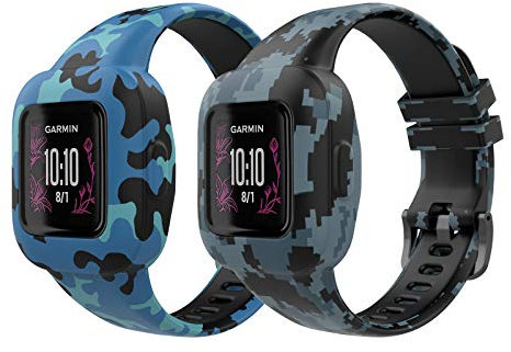 MoKo 2 Stück Armband Kompatibel mit Garmin Vivofit jr. 3 für Kinder, Weich Silikon Verstellbares Uhrenarmband Ersatzarmband, Camouflage Blau & Mosaik