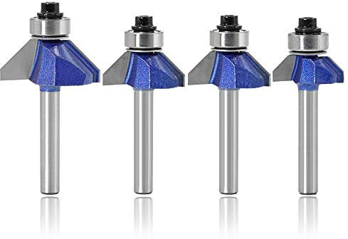 Mesee 4 Pieces 45 Degree Chamfer Router Bit Set, 1/4 Inch Shank Industrial Grade Top End Bearing Bevel Edge Forming Router Bits Cutter Woodworking Tool for Making Wooden Door Window Frames Cabinets