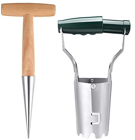 Set of 2 Garden Dibber for Planting Seed Planter Tool Stainless Steel Potato Planter Tool Hand Bulb Planter Transplanting Tool with Handle and Depth Mark for Vegetable Flower