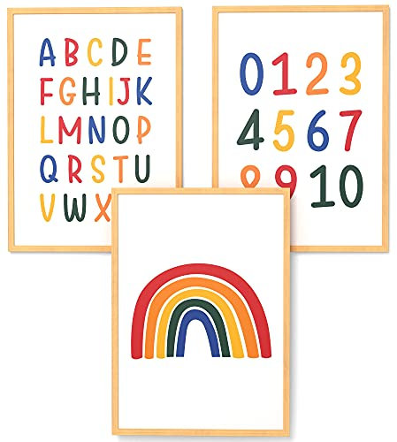Papierschmiede® Kinderbilder 3er Set Lernposter, A3 gerahmt in Holzrahmen (Natur), Geschenk für Mädchen & Jungen Kinderzimmer, Alphabet Buchstaben, ABC Zahlen Regenbogen bunt