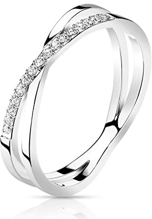 Paula & Fritz® Ring Damen Doppelt Kreuz Zirkonia Klar 316L Chirurgenstahl Größe 57 (18,1) Silber Verlobungs-Ring Herren-Ring Partnerring Ehering