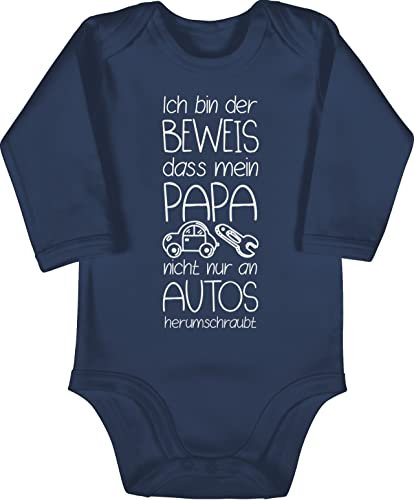 Baby Body langarm Mädchen Junge - Sprüche - Ich bin der Beweis dass mein Papa nicht nur an Autos herumschraubt weiß - 3/6 Monate - Navy Blau - babybody lustig babygeschenke spruch dad strampler