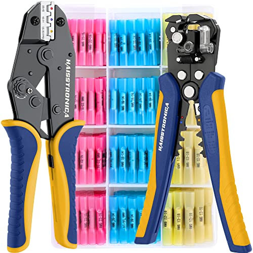haisstronica Crimpzange für Schrumpfschlauch-Set mit 200 Stück AWG 22–10 Marine Grade Stoßverbindern und Abisolierzange