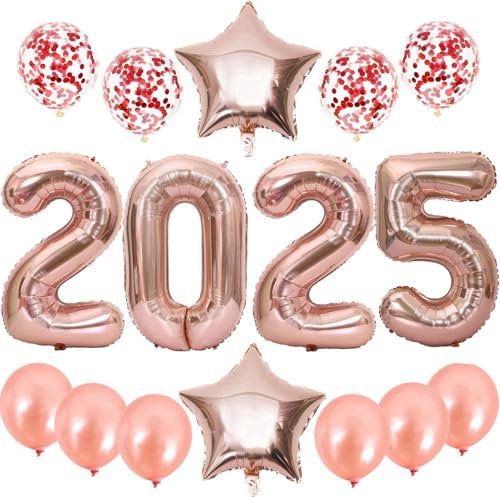 Feelairy Décoration Nouvel An 2025, Ballons 2025 Or Rose Happy New Year Décoration Or Rose Deco Fete Nouvelle Année 2025, Ballon d'hélium Chiffre 2025 pour Décoration de Fête du Nouvel An