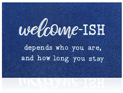 JJUUYOU Large Door Mat Outdoor Welcome Doormat Low Profile Floor Mat Front Doormat, Blue Welcome-ish Indoor Door Rug Non Slip Absorbent Resist Dirt Entrance Rug for Entryway, Patio 90X60CM