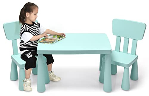 GOPLUS Kindersitzgruppe aus Kunststoff, Kindertisch mit 2 Stühlen, Stuhl mit Rückenlehne, mit Runden Kanten, für Junge und Mädchen, für Kinderzimmer (Grün)