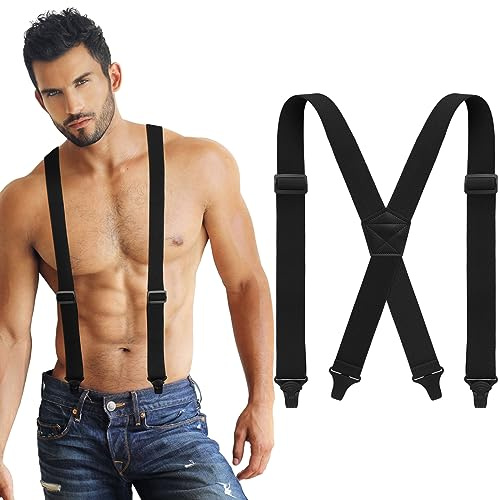 Janmercy X Back Hidden Suspender 1.5 Inches Heavy Duty Airport Work Friendly Suspenders Under Clothing for Men Women(Black)