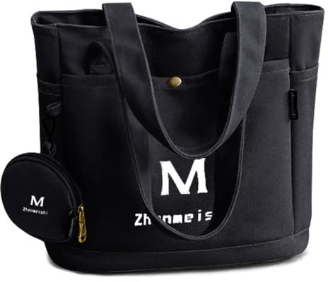 REETEE Handtasche Damen Canvas Shopper Tasche Damen Mittelgroß Tote Bag mit Münzgeldbörse, Casual Multifunktionale Schultertasche Umhängetaschen für Alltag, Büro, Schulausflug und Einkauf (schwarz)