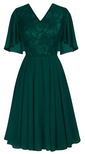 Damen Ballkleider A-Linien-Silhouette Kurzarm mit Fledermaus Abendkleid Chiffon Knielang mit Faltensaum Elegant Leicht für Hochzeit Dunkelgrün 46