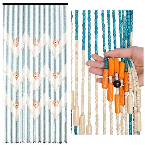 BECHAEO Beaded Curtain for Doorway Handmade Bamboo Wooden Door Beads Hanging Room Divider Hippie Curtain for Hallway Window Boho Rustic Home Store Decor, 35.5 x 75 Inches Blue
