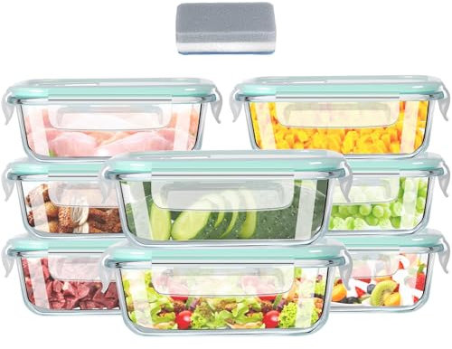 Hcrvvi 8pcs 1040 ML Food Containers With Lids, BPA Free - Glass Containers With Lids, Meal Prep Containers Glass, Airtight & Leakproof Glass Food Containers With Lids, Glass Meal Prep Containers