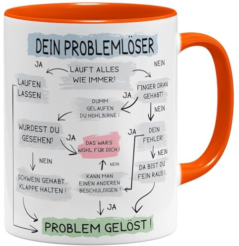 OM3® lustige Kaffee-Tasse mit Spruch - Problemlösung auf der Arbeit - Problemlöser - Keramik Becher - 11oz 325ml - Beidseitig Bedruckt - Orange