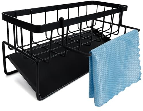 JYUHA Kitchen Sink Caddy Organiser, Sink Tidy Organiser Sponge Holder with Automatic Drip Tray Dishcloth Hanger, Counter Sink Organiser for Kitchen Bathroom (Black)
