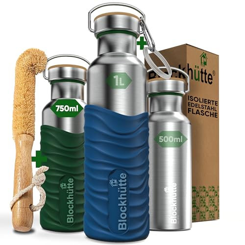 Blockhütte Botella Agua Acero Inoxidable con Cubierta de Silicona I 750ml Botella Termica, Cantimplora Acero Inoxidable I Water Bottle Apta para Lavavajillas I Garrafa Termica - verde oscuro