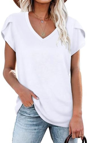 NARRAME Camisetas de Mujer para Verano, Camisetas de Manga Corta, Cuello en V para Mujer Liso Blanco Small S 34-36