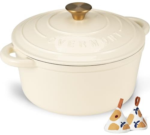 Overmont Olla de Hierro Fundido - Antiadherente Cacerola Holandesa de Esmaltado con Tapa - Ø24 CM Redonda Cacerola Holandesa para Cocinas de Inducción - Blanco