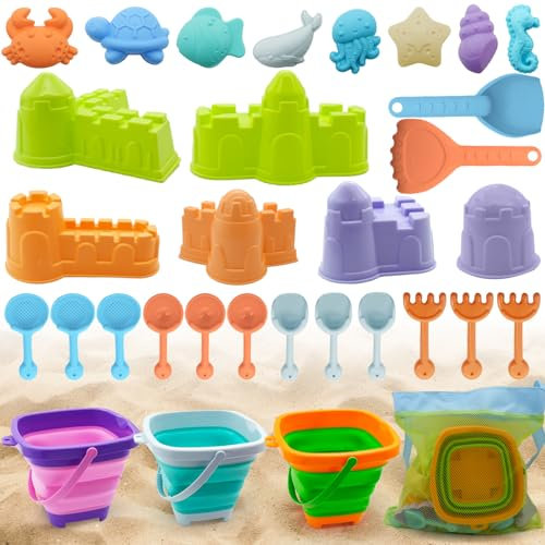 ZOUFRIDN 32Pcs Beach Sand Toys, Sand Pit Toys with Collapsible Bucket and Spade Beach Set, Sandbox, Sand Shovel Tool Kits Outdoor Fun Sand Tools for Kids Girls Boys Summer Beach Games