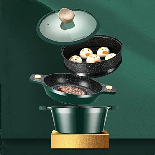 FEIGUO Set di wok in pietra Maifan da 24 cm, coperchio antiaderente verde in alluminio, padella per friggere, grande pentola per zuppa, cucina, pentole per la casa