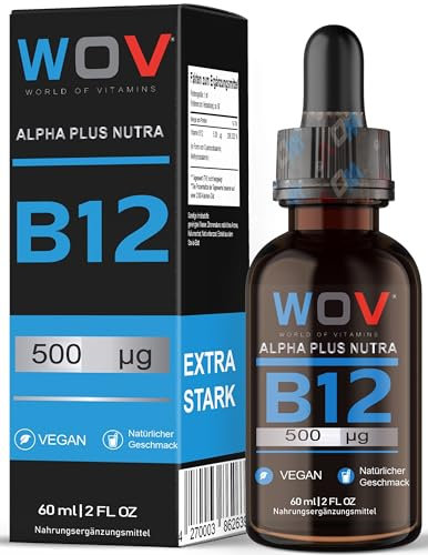 WOV Vitamin B12 Tropfen 60ml – 500µg B12, 2000 Tropfen - Hochdosiert mit 2 aktiven Formen (Methyl- & Adenosylcobalamin) – Gelöst in MCT-Kokosöl – Vegan, Zusatzstofffrei, Laborgeprüft