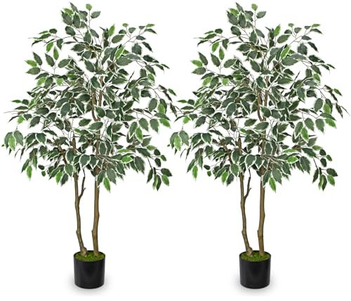 Arborus 2pcs Artificial Ficus Tree 4ft Large Indoor Plant Tall Fake Ficus Plant with Variegated Foliage Faux Tree in Black Pot House Plants for Living Room Bedroom Balcony Corner Office Decor