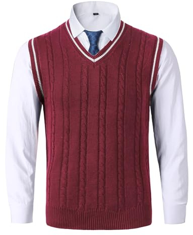 AIEOE - Pull sans Manches Col en V Hommes Gilet Tricoté pour Hommes Gilets Pull sans Manches Couleur Unie Pull-Over Essentiel pour Hiver Printemps Automne - L - Rouge