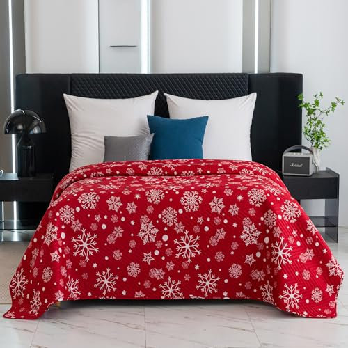 FEBE Tagesdecke Weihnachts Schneeflocken Bettüberwurf 220x200 cm Überwurfdecke Sofadecke Sofaüberwurf Flauschig Mikrofaser Zimmer Deko