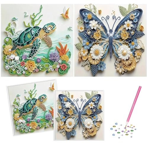 Schildkröte and Schmetterling Diamond Painting Tiere Set - 5D Diamant Painting Bilder für Erwachsene und Kinder, DIY Kristallmosaik-Malerei mit Spezialgeformten Diamanten for Home Wand Décor 25x25cm