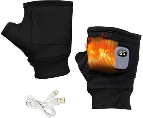 JOJOCY Wiederaufladbare Beheizte Arbeitshandschuhe, Fingerlose Beheizte Handschuhe, Touchscreen Halbfinger Handschuhe, 3 Stufen Heizhandschuhe für Motorrad Wandern Radfahren Camping (Schwarz)