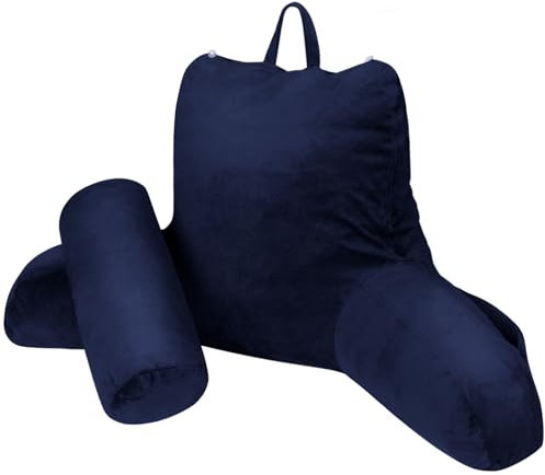 Reading Pillow Bed Backrest Pillow, Adult Bed Cushions with Arms for Sitting up in Bed Back Support Pillow with Headrest & Pockets, Washable Cover and Detachable Neck Roll (Navy Blue, Large)