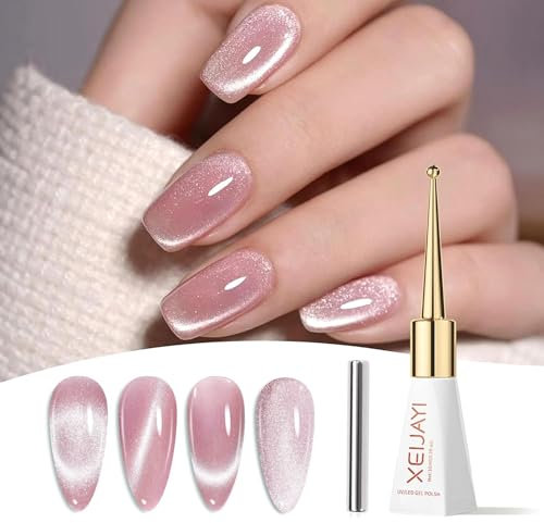 DMQ Cat Eye Gel Nail Polish, Jelly Pink Magnetic Nail Polish with Magnet, Soak off Holographic Nude Pink Cat Eye Gel Polish for Women Girls DIY Nail Art Manicure DIY at Home