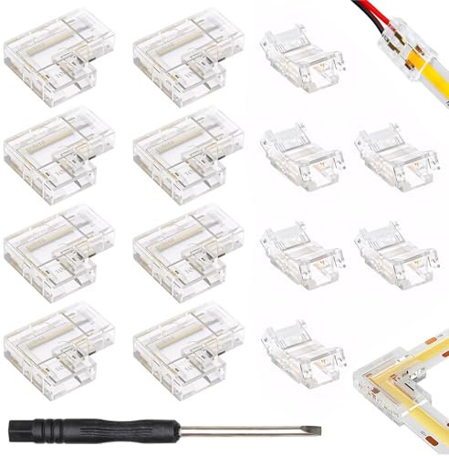 EUIOOVM LedEckverbinder, 14 Stück Cob LedStreifen Verbinder, 2 polig 10mm Led Streifen-Eckverbinder 8*L-förmig+6*Mittelverbinder, 2 Pin Steckverbinder Lötfreier Led-Verbindung mit Schraubendreher