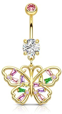 Agrewd Piercing nombril avec motif papillon, 14 g, acier inoxydable, multicolore, zircone, piercings nombril pour femmes, zircone