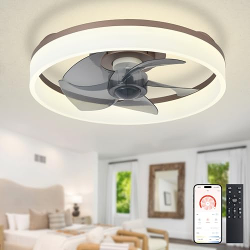 Depuley LED Ceiling Fan with Light: 16 Modern Low Profile Flush Mount Fandelier with App & Remote Control - Dimmable Brown Bladeless Fan Light Fixture for Bedroom Kids Room Living Room