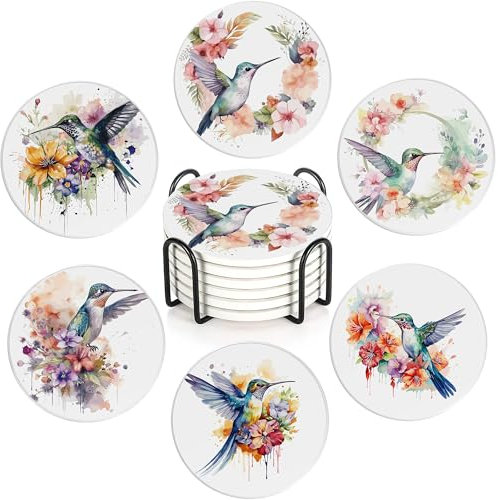 Watercolor Hummingbird Set of 6 Coasters Absorbent Ceramic Drink Mats with Cork Base & Metal Holder, Spill Protectors for Mugs/Cups, Cheerful Home/Bar Decor