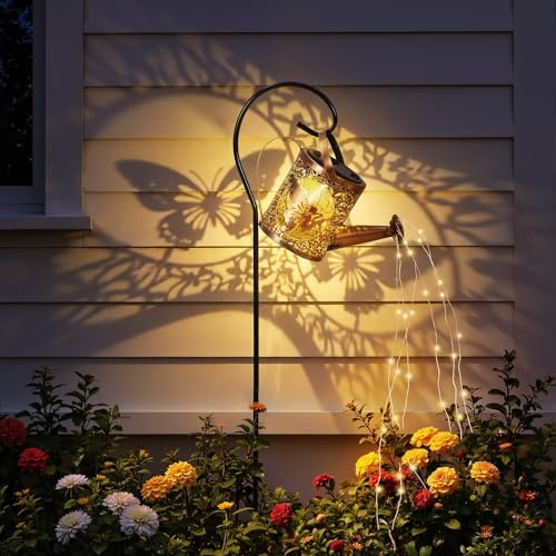 Warmiehomy Solar Lights Outdoor Garden Ornaments, Waterproof Metal Dual Mode LED Solar Watering Can Garden Lights with Warm String, Retro Hollow Butterfly Fairy Stake Lights for Yard Lawn Pathway