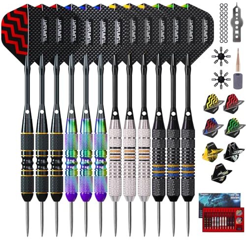 Turnart Dartpfeile Metallspitze,12 Stück Profi steeldart Pfeile Dart Case | 22/24G Zylindrischer Barrel,Vielseitiger, griffiger für jeden GriffstilStabile,Alu-Schäfte mit O-Ring,EVA-Case+Ersatzteile