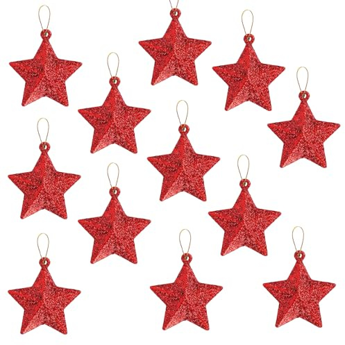 12 Stück Weihnachtsbaum Stern, Weihnachtsbaumschmuck Anhänger, 5cm Glitzer Sterne Christbaumanhänger, Christbaumschmuck, Weihnachtsstern für Weihnachtsdeko Bäume, Kamine, Fenster, Tischdeko (Rot)