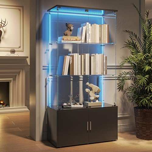 WSOFZMO Vitrine Glas, Glas Vitrinenschrank mit Tür und Schloss, Glasvitrine mit led Beleuchtung für Sammlungen, 3 Lagen Sammlervitrine, Standvitrine, für Schlafzimmer Büro (Schwarz Lichtstreifen)